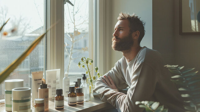 Contemplative Man by Window with Grooming Products