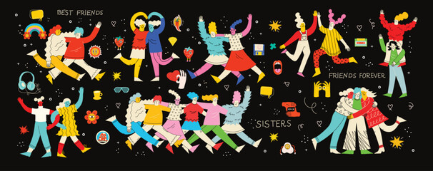 Happy women or girls together and holding hands. Group of female friends, union of feminists, sisterhood. Flat cartoon characters isolated on the background. Colorful vector illustration.