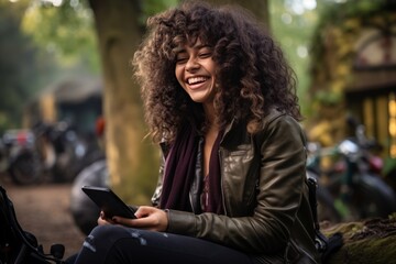 Obraz premium A girl on the street holds a mobile phone in her hands and laughs joyfully.