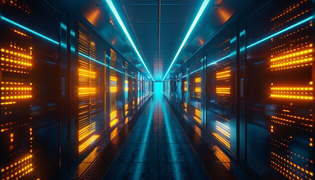Neon-Lit Data Center A Glimpse into the Future of Technology Generative AI