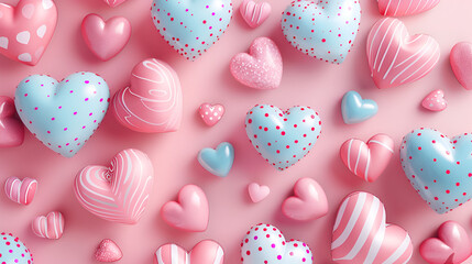  Beautiful hearts background wallpaper for holiday pastel colors ,  Pink and white aesthetic heart figures. Pastel colours. Romantic love background. Valentine's Day concept. Generative AI