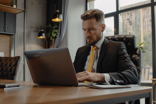 Businessman in a suit and tie working on a laptop during the month of April Generative AI