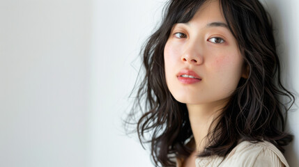 Beautiful studio portrait of young, stylish, beautiful asian woman, long hair, looking at camera with confidence on white background