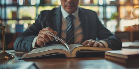 A lawyer in a suit is writing in a book