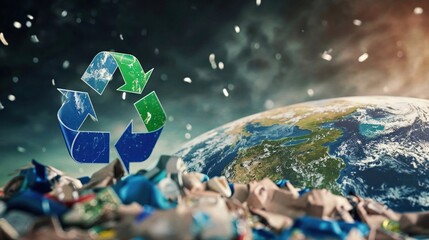 A powerful representation of the recycling sign above a trash-covered Earth, urging for immediate environmental action - obrazy, fototapety, plakaty