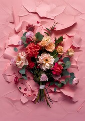 Photo floral bouquet protrudes from pink paper background. Advertising for Womans Day, Mother Day, Flower day, 8 March, Birthday.