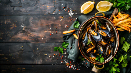  Plate of steamed mussels with lemon and parsley on a rustic wooden table. Jerusalem Eats muscles Mussels in tomato sauce with parsley and bread on wooden background generative ai - obrazy, fototapety, plakaty