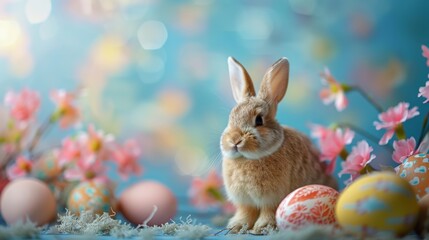 Fototapeta na wymiar Easter decoration colorful eggs and cute bunny on blue background with copy space. Beautiful colorful easter eggs. Happy Easter. Isolated. 