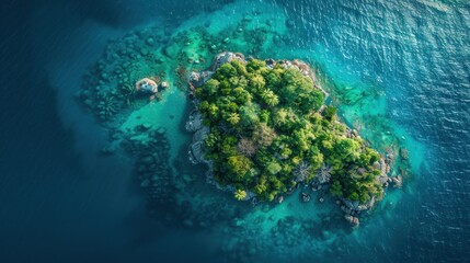 An aerial shot captures a secluded tropical island enveloped by crystal clear waters, underscoring the serene natural beauty.