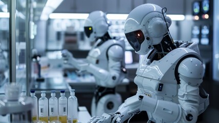 Fototapeta premium Robot farmers growing plant in green house lab with IOT based smart agriculture monitoring system, automate sensor robotic GMO free farming industry future internet of thing technology.