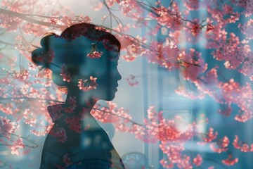 Vibrant cherry blossoms and urban architecture merge with a woman's profile in this creative double exposure portrait.