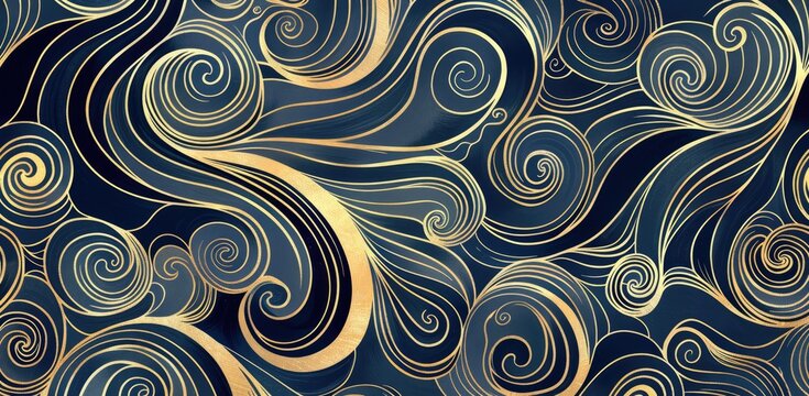 Oceanic Elegance - Navy Blue and Gold Swirls Japanese Fabric Design