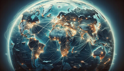 Global Network Connectivity and World Trade Routes,Digital representation of the Earth showcasing global connectivity with illuminated trade and communication routes...