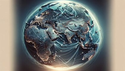 Global Network Connectivity and World Trade Routes,Digital representation of the Earth showcasing global connectivity with illuminated trade and communication routes... - obrazy, fototapety, plakaty