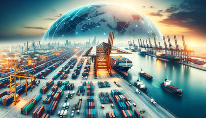 International Shipping Port with Global Network Overlay,A bustling international shipping port operates under a digital global network, signifying interconnected commerce and trade... - obrazy, fototapety, plakaty