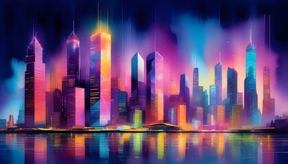 Fototapeta na wymiar A digital painting of a futuristic cityscape with neon lights and a blue and purple color scheme