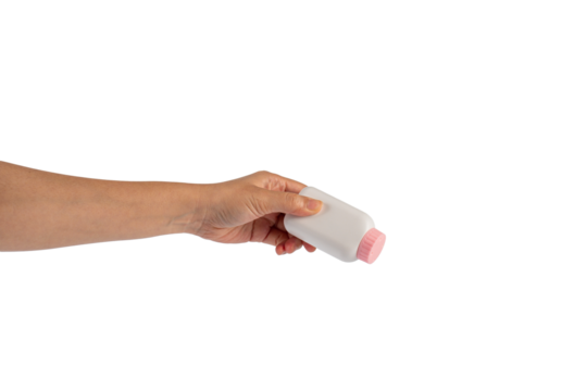 Baby talcum powder container in hand on transparent background