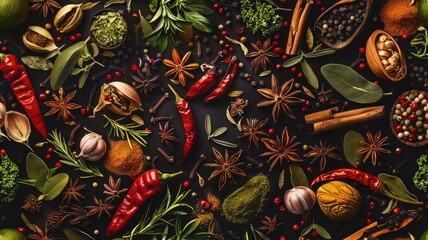 Naklejka premium a seamless texture adorned with an array of spices and herbs, capturing their vibrant colors and aromatic essence. SEAMLESS PATTERN