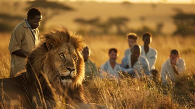 A majestic lion with a golden mane, being treated by a team of skilled veterinarians in a lush African savannah.