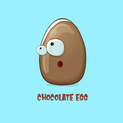 Cartoon chocolate easter egg cartoon characters isolated on blue background. My name is egg vector concept illustration. funky sweet chocolate easter egg character with eyes and mouth