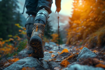 Close up of Low angle view of male legs, with artificial legs, a jogger or hiker feet wearing sports shoes on a mountain track. Trail running workout on rocky terrain outdoors. Male Prosthetic legs - obrazy, fototapety, plakaty