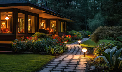 Obraz premium Evening View of a Beautifully Lit Garden Path Leading to a Cozy House, Landscape Lighting Enhancing Home Curb Appeal and Safety