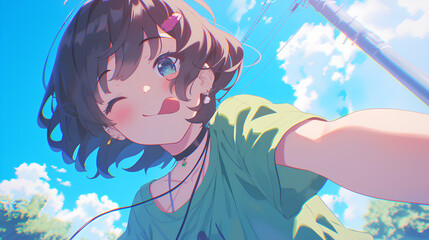 Cute anime girl poses closing one eye, sticking out her tongue