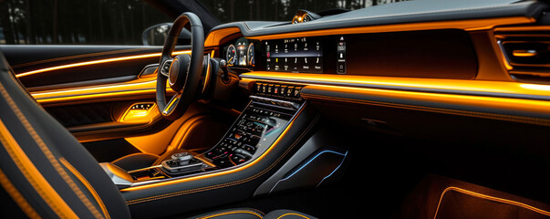 Fototapeta premium Luxurious modern car interior with elegant leather and ambient lighting, showcasing sophisticated dashboard design and high-end vehicle craftsmanship