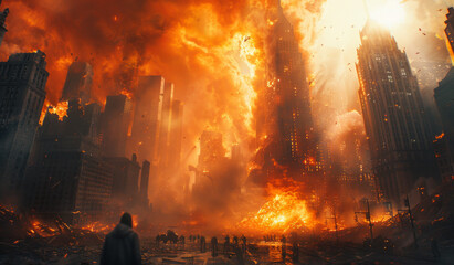 Man stands in the midst of city engulfed in flames.