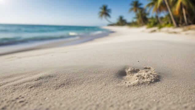 Empty beach with white sand and palm trees along the ocean coast with azure water