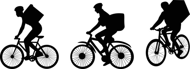men delivering food, couriers on bicycle silhouette, vector