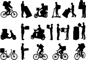 food delivery, couriers, delivery men, set, collection, vector, silhouette