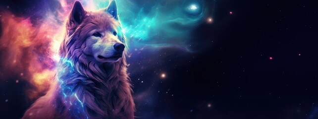 Chinese zodiac-inspired illustration, happy dog, long fur, galactic backdrop, shimmering star trails, space, glowing nebulae, fantasy cosmos, digital art, representing Year of the Dog - obrazy, fototapety, plakaty
