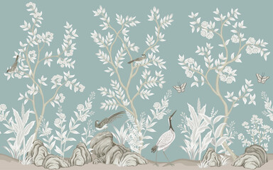 Vintage botanical garden tree, Chinese birds, crane, stone, butterfly, plant floral seamless border blue background. Exotic chinoiserie mural - 756318728