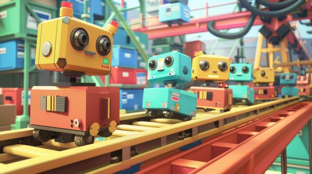 Innovative robotic assembly lines AIenhanced in a colorful 3D cartoon factory scene