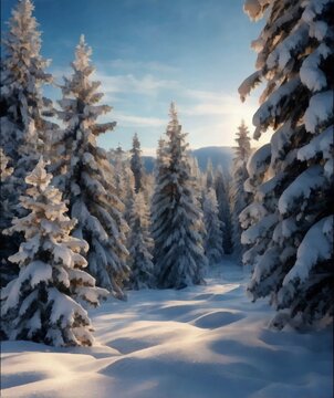 Beautiful winter landscape with snow-covered coniferous forest.