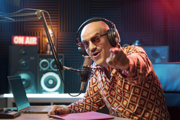 Host working at the radio broadcasting studio