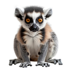 Fototapeta premium Detailed view of a small ring-tailed lemur against a plain white backdrop