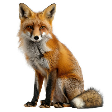 A close-up of a red fox sitting , isolated on a transparent background, PNG