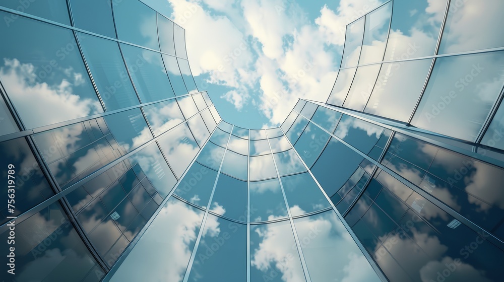 Aufkleber Reflections of clouds on the curve glass office building. 3D model.