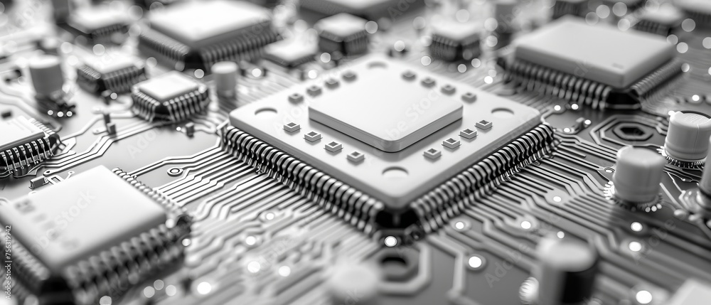 Poster Textured white background of printed circuit board. Computer technology background. Information technology. Gray scale pcb background.