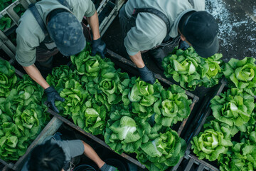 Workers harvesting fresh lettuce in greenhouse - obrazy, fototapety, plakaty