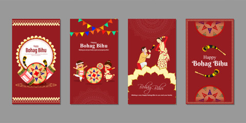 Vector illustration of Happy Bohag Bihu social media feed set template - obrazy, fototapety, plakaty