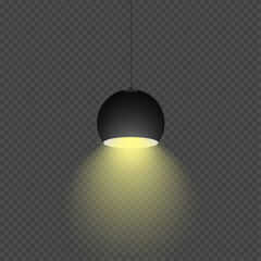 Hanging lamp. Realistic electricity lamp on a tranparent background shines with a pleasant yellow light. - obrazy, fototapety, plakaty