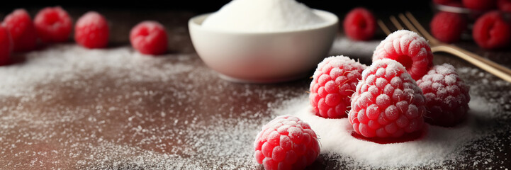 some sugar and some raspberries on a table, powder, looking partly to the left,