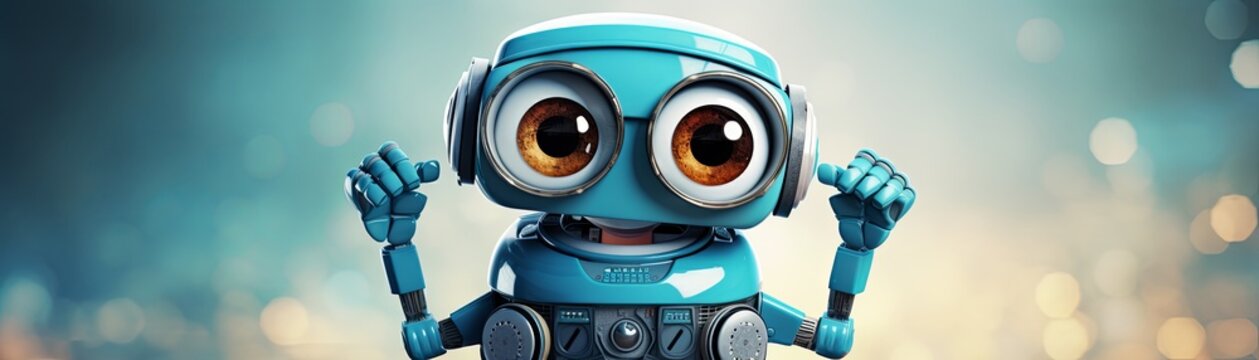 A 3D illustration of a blue robot with oversized expressive eyes, waving a greeting against a blurred blue background.