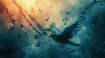 Freedom On The Wings Of Birds Flying - Broken Chains Concept - obrazy, fototapety, plakaty