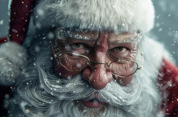 Close-up portrait of fairytale Santa Claus in snowy forest.