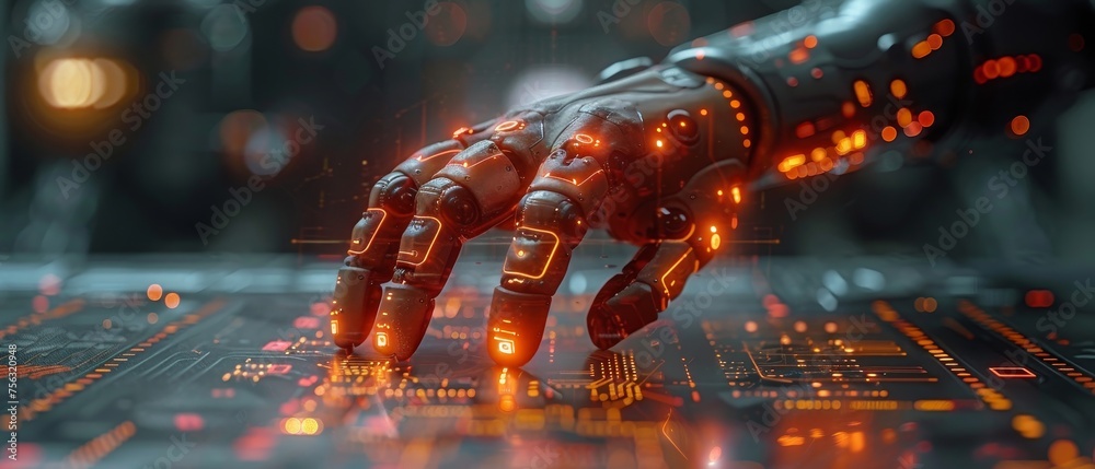 Poster AI icon artificial intelligence concept, big data, science, innovation technology, cloud computing, futuristic, internet network communication with a businessman and robot hand touching digital screen