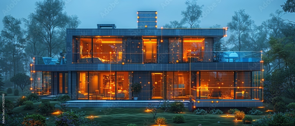 Fototapete A smart home system is developed. Internet of things. The design of digital infrastructure of the house is created, the scripts for the smart devices are scripted. A phone application controls IOT